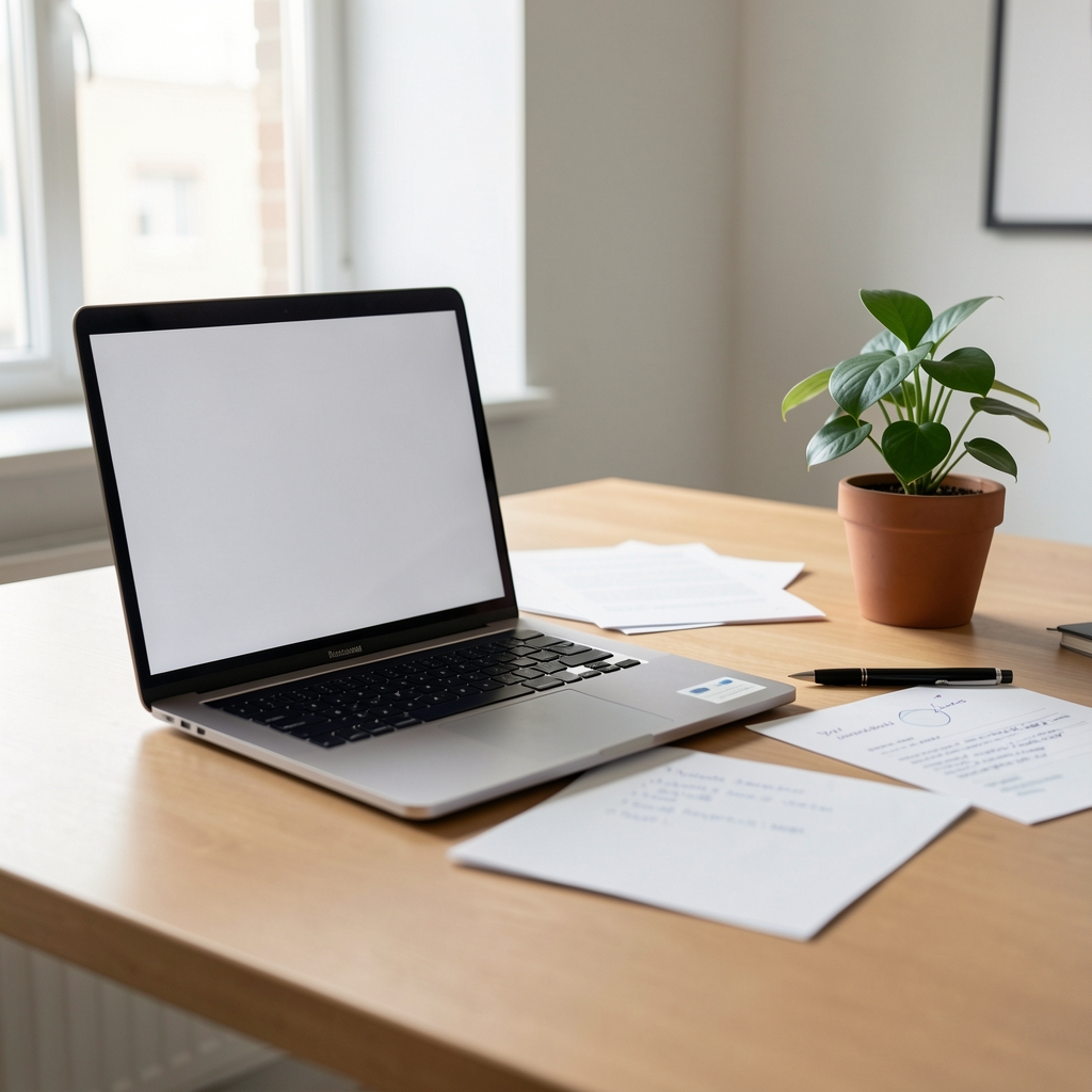 Minimal Jakarta editorial studio workspace with laptop, printed notes, and a small potted plant
