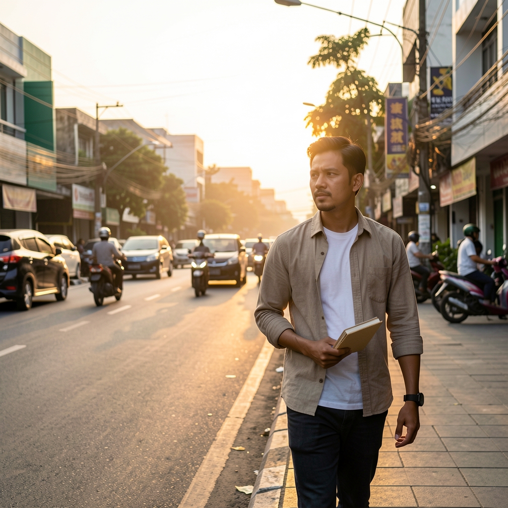 Active Indonesian man walking beside a Jakarta street after sunrise, carrying a small notebook