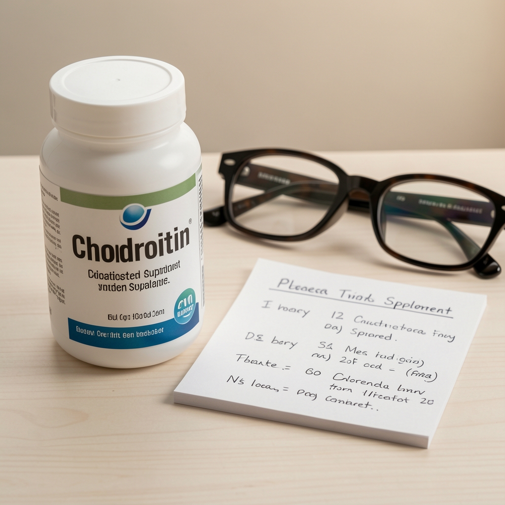 Close view of a chondroitin supplement label beside reading glasses and a handwritten comparison sheet