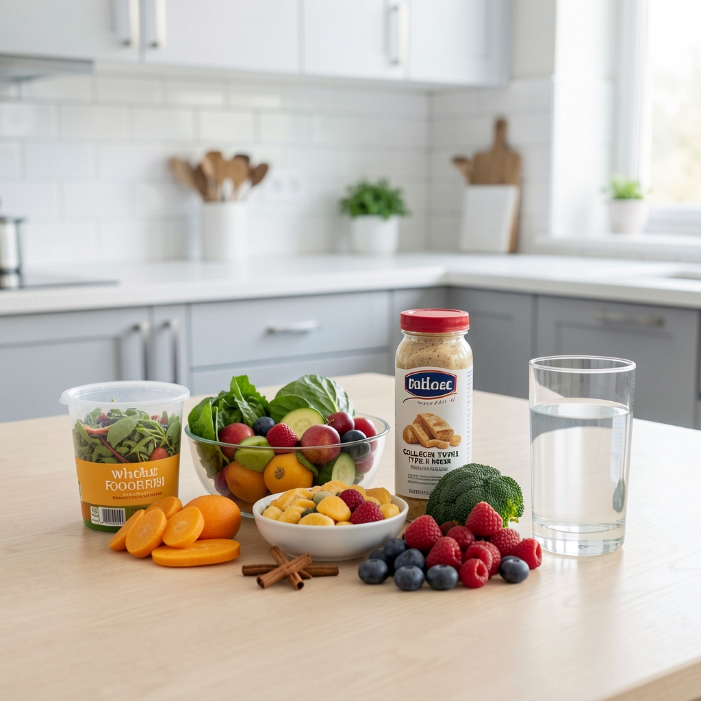 Colourful whole foods, collagen type II notes, and a glass of water arranged on a pale kitchen table