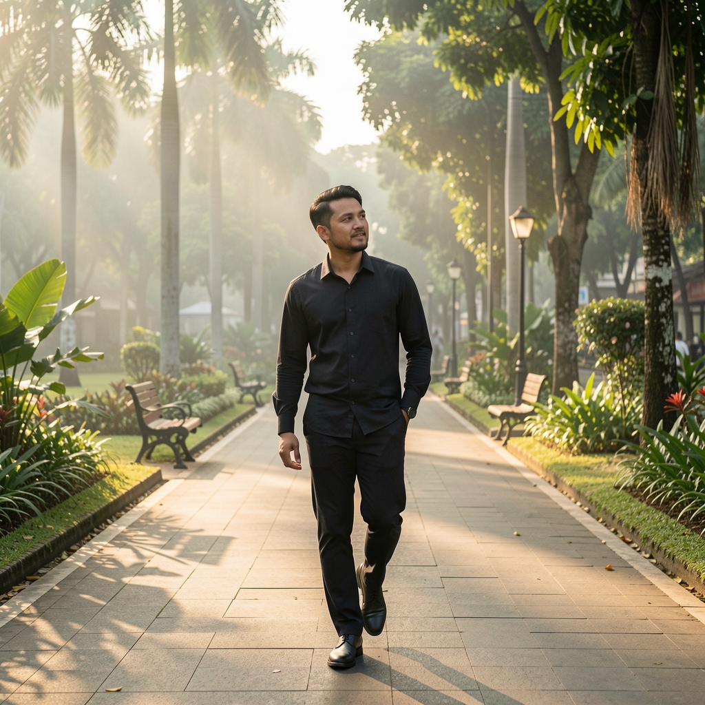 Active Indonesian man walking through a Jakarta park in early morning light with relaxed posture
