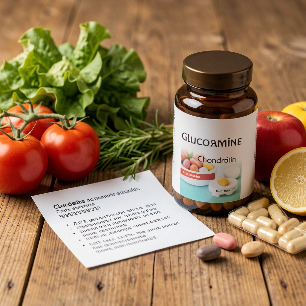 Wooden table with glucosamine and chondroitin ingredient notes beside fresh vegetables