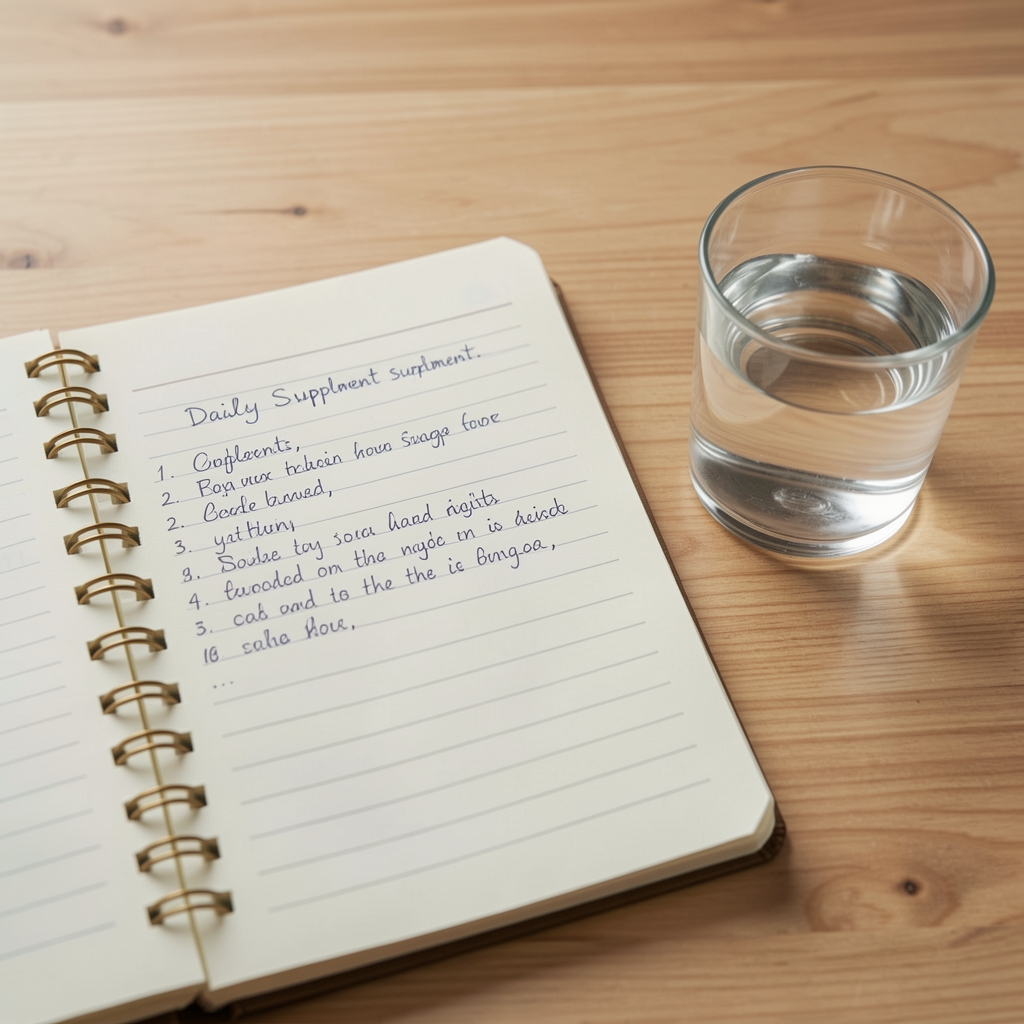 Notebook page with handwritten daily supplement log next to a glass of water